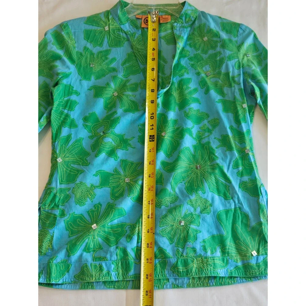 Tory Burch Blue Green Floral Long Sleeve V Neck Blouse‎ Shirt Women's Size 2
